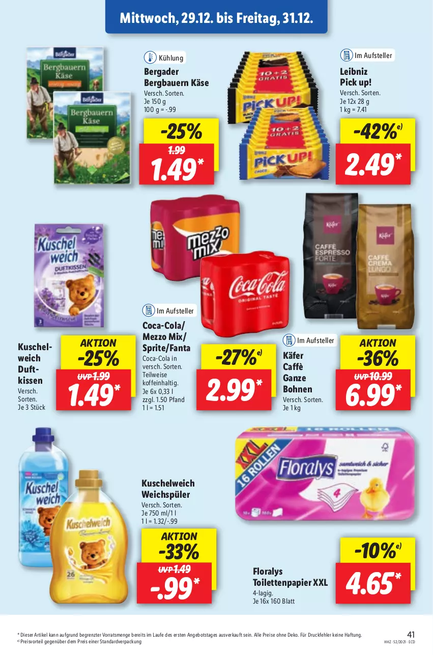 Aktueller Prospekt Lidl - Aktionsprospekt - von 27.12.2021 bis 01.01.2022 - strona 41 - produkty: angebot, auer, Bau, Bauer, bergader, bohne, bohnen, coca-cola, cola, Duftkissen, eis, elle, fanta, Floralys, käfer, Käse, kissen, Kuschelweich, leibniz, Mezzo Mix, papier, Pick Up!, preisvorteil, reis, sprite, teller, Ti, toilettenpapier, weichspüler, ZTE