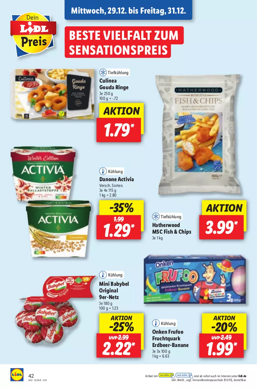 Aktueller Prospekt Lidl - Aktionsprospekt - von 27.12.2021 bis 01.01.2022 - strona 42 - produkty: activia, babybel, banane, chips, danone, danone activia, eis, frucht, Fruchtquark, gin, gouda, mini babybel, ndk, quark, reis, ring, Schal, Schale, sensations, Ti