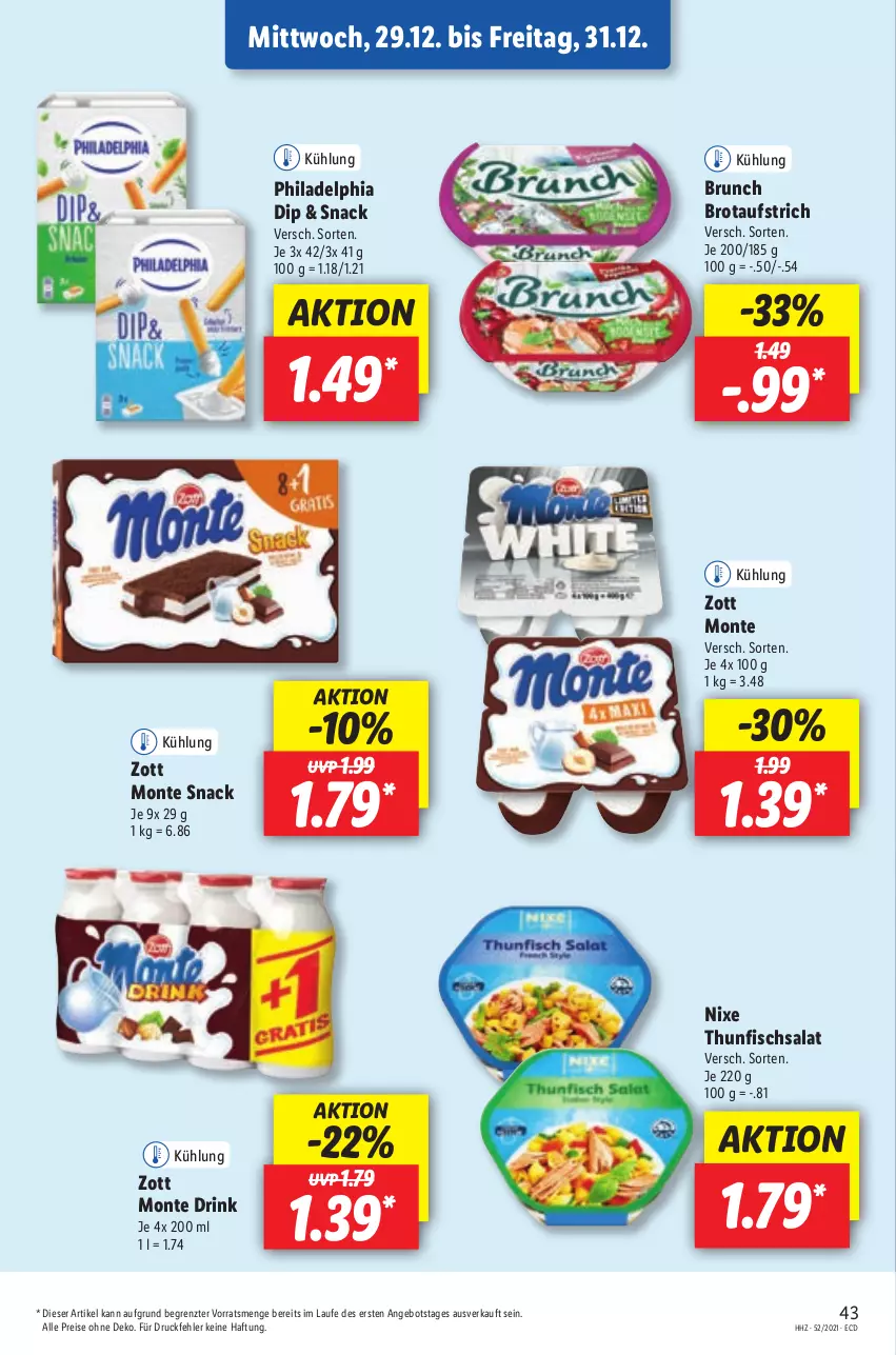 Aktueller Prospekt Lidl - Aktionsprospekt - von 27.12.2021 bis 01.01.2022 - strona 43 - produkty: angebot, aufstrich, brot, brotaufstrich, dip, drink, eis, fisch, monte, philadelphia, reis, salat, snack, thunfisch, Thunfischsalat, Ti, zott, Zott Monte, ZTE