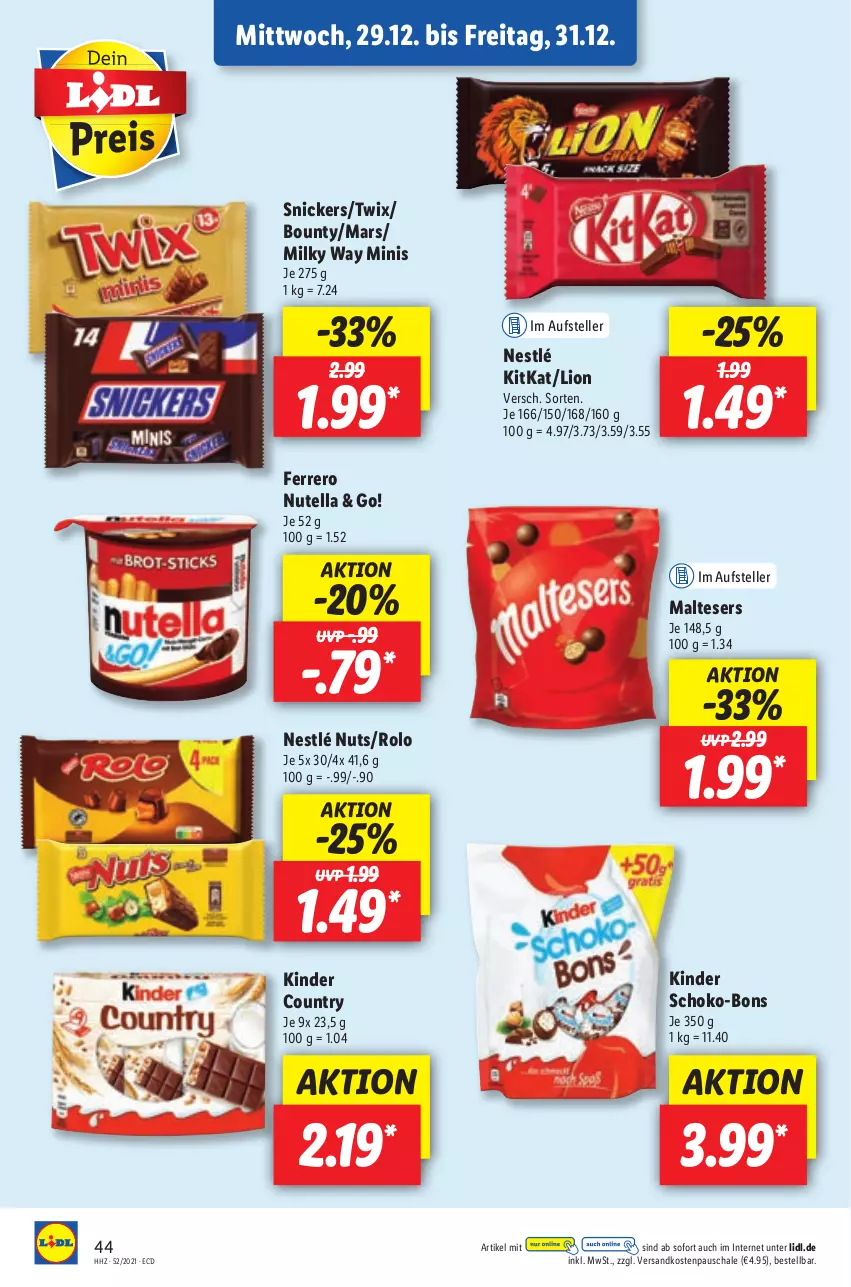 Aktueller Prospekt Lidl - Aktionsprospekt - von 27.12.2021 bis 01.01.2022 - strona 44 - produkty: bounty, elle, ferrero, Kinder, kinder country, kitkat, lion, malteser, mars, milky way, ndk, nestlé, nutella, Schal, Schale, schoko, schoko-bons, snickers, teller, Ti, twix