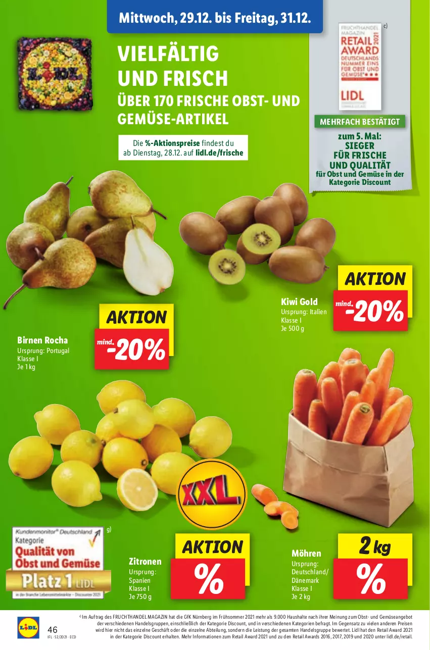 Aktueller Prospekt Lidl - Aktionsprospekt - von 27.12.2021 bis 01.01.2022 - strona 46 - produkty: Abtei, aktionspreis, angebot, Birnen, discount, eis, frucht, kiwi, Kiwi Gold, magazin, möhren, obst, Obst und Gemüse, reis, Ti, und gemüse, zitrone, zitronen