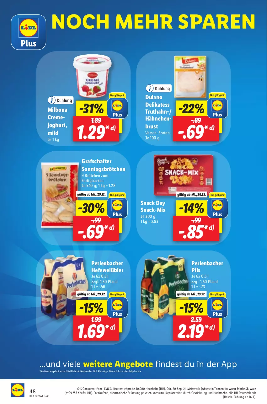 Aktueller Prospekt Lidl - Aktionsprospekt - von 27.12.2021 bis 01.01.2022 - strona 48 - produkty: angebot, angebote, bier, Bona, brötchen, brut, creme, dulano, eis, Elektro, grafschafter, hähnchenbrust, Hefe, HP, joghur, joghurt, Laufen, Milbona, perlen, pils, snack, Sonntagsbrötchen, Ti, truthahn, wurst