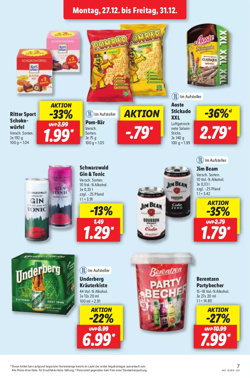 Aktueller Prospekt Lidl - Aktionsprospekt - von 27.12.2021 bis 01.01.2022 - strona 7 - produkty: alkohol, angebot, aoste stickado, Becher, berentzen, eis, elle, gin, jim beam, kräuter, Luftgetrocknete Salami, pom-bär, preisvorteil, reis, ritter, ritter sport, salami, schoko, schokowürfel, Sport, stickado, teller, Ti, tonic, underberg, würfel, ZTE