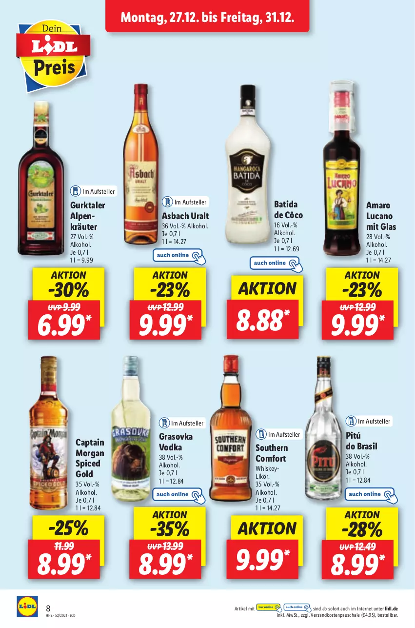 Aktueller Prospekt Lidl - Aktionsprospekt - von 27.12.2021 bis 01.01.2022 - strona 8 - produkty: alkohol, amaro, asbach uralt, batida, batida de côco, Cap, captain morgan, elle, Gurktaler, kräuter, likör, ndk, Schal, Schale, Southern Comfort, teller, Ti, vodka, whiskey