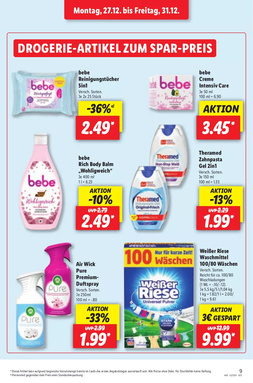 Aktueller Prospekt Lidl - Aktionsprospekt - von 27.12.2021 bis 01.01.2022 - strona 9 - produkty: Air Wick, angebot, Bebe, body, creme, drogerie-artikel, Duftspray, eis, pasta, preisvorteil, Reinigung, reinigungstücher, reis, theramed, Ti, tücher, waschmittel, WICK, zahnpasta, ZTE