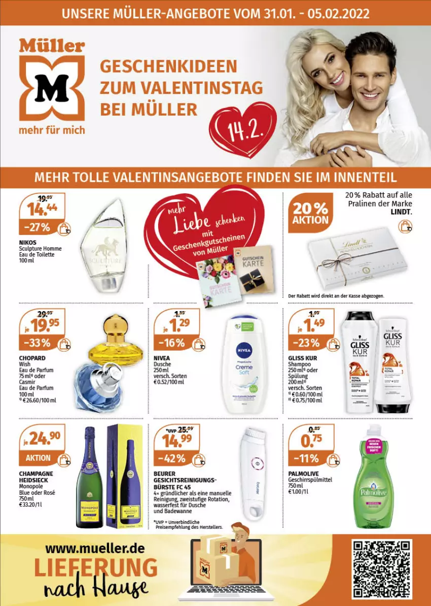 Aktueller Prospekt Mueller - Müller Prospekt - von 31.01 bis 05.02.2022 - strona 1 - produkty: Bad, Badewanne, beurer, champagne, chopard, dusche, Eau de parfum, eau de toilette, eis, elle, geschirr, geschirrspülmittel, lindt, nivea, olive, palmolive, parfum, pralinen, Reinigung, reis, spülmittel, teller, Ti, Wanne, wasser