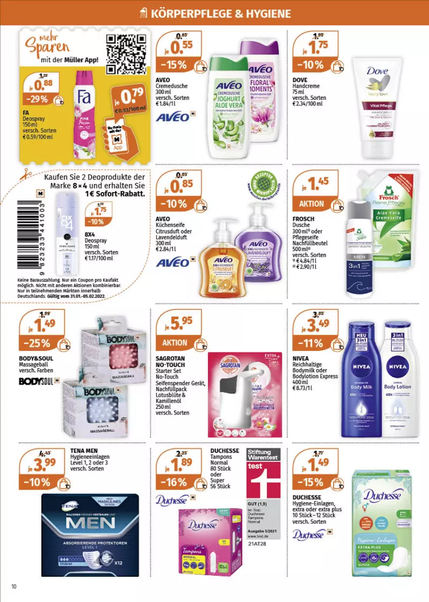 Aktueller Prospekt Mueller - Müller Prospekt - von 31.01 bis 05.02.2022 - strona 10 - produkty: aloe vera, beutel, Blüte, body, bodylotion, Bodymilk, coupon, creme, cremedusche, deo, deospray, dove, dusche, handcreme, Kamill, kamille, Lotion, Müller, Seife, seifenspender, sofort-rabatt, Ti, usb