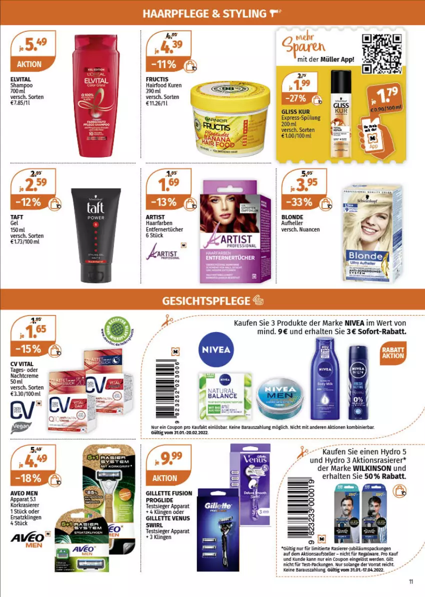 Aktueller Prospekt Mueller - Müller Prospekt - von 31.01 bis 05.02.2022 - strona 11 - produkty: Alwa, aveo, coupon, creme, elle, elvital, erde, fructis, gillette, gillette venus, gliss, gliss kur, Jubiläums, Müller, nachtcreme, natur, natura, nivea, Nuance, rasierer, regal, shampoo, sofort-rabatt, spülung, swirl, Taft, teller, Ti, tücher, venus, vita, wilkinson