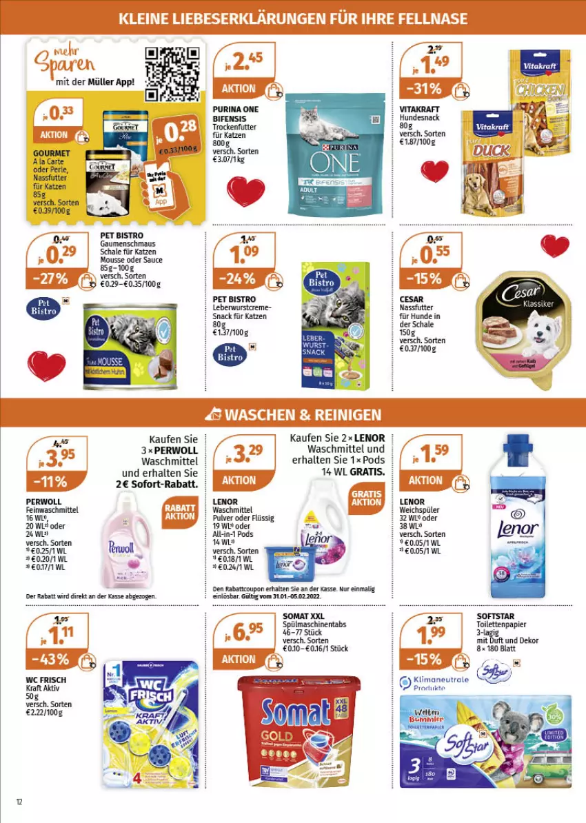 Aktueller Prospekt Mueller - Müller Prospekt - von 31.01 bis 05.02.2022 - strona 12 - produkty: coupon, creme, feinwaschmittel, hundesnack, kraft, leberwurst, lenor, Maus, mousse, nassfutter, papier, perwoll, Pods, purina, sauce, Schal, Schale, snack, sofort-rabatt, somat, spülmaschinen, spülmaschinentabs, Ti, toilettenpapier, trockenfutter, vita, vitakraft, waschmittel, wc frisch, weichspüler, wurst