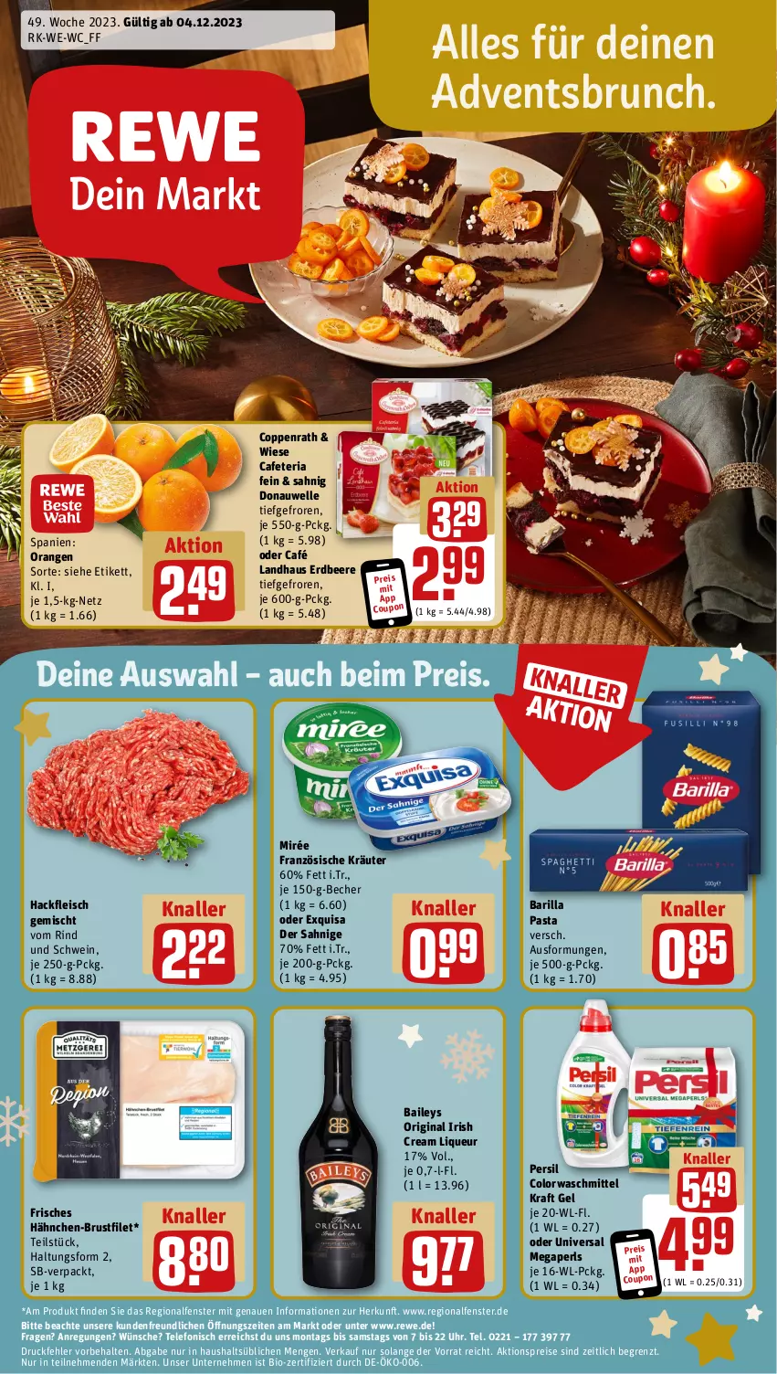 Aktueller Prospekt Rewe - Prospekte - von 04.12 bis 09.12.2023 - strona 1 - produkty: aktionspreis, baileys, barilla, Becher, beere, bio, brustfilet, Café Landhaus, colorwaschmittel, coppenrath, coupon, eis, elle, erdbeere, exquisa, fenster, filet, fleisch, gin, hackfleisch, hackfleisch gemischt, hähnchen-brustfilet, irish cream, kraft, kräuter, liqueur, megaperls, orange, orangen, pasta, persil, reis, Ria, rind, schwein, telefon, Ti, uhr, universal megaperls, waschmittel, wein