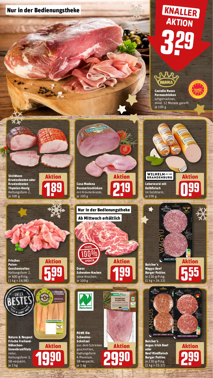 Aktueller Prospekt Rewe - Prospekte - von 04.12 bis 09.12.2023 - strona 10 - produkty: beef, bio, braten, brustfilet, burger, Casa Modena, eis, filet, filets, fleisch, geschnetzeltes, honig, Kalbfleisch, kräuter, krustenbraten, leberwurst, mit kalbfleisch, Mode, natur, parmaschinken, pute, Putengeschnetzeltes, rewe bio, rind, rindfleisch, rosmarin, schinken, schnitten, schnitzel, schwein, schweine, schweineschnitzel, steinhaus, Ti, wein, weine, wurst, Zelt