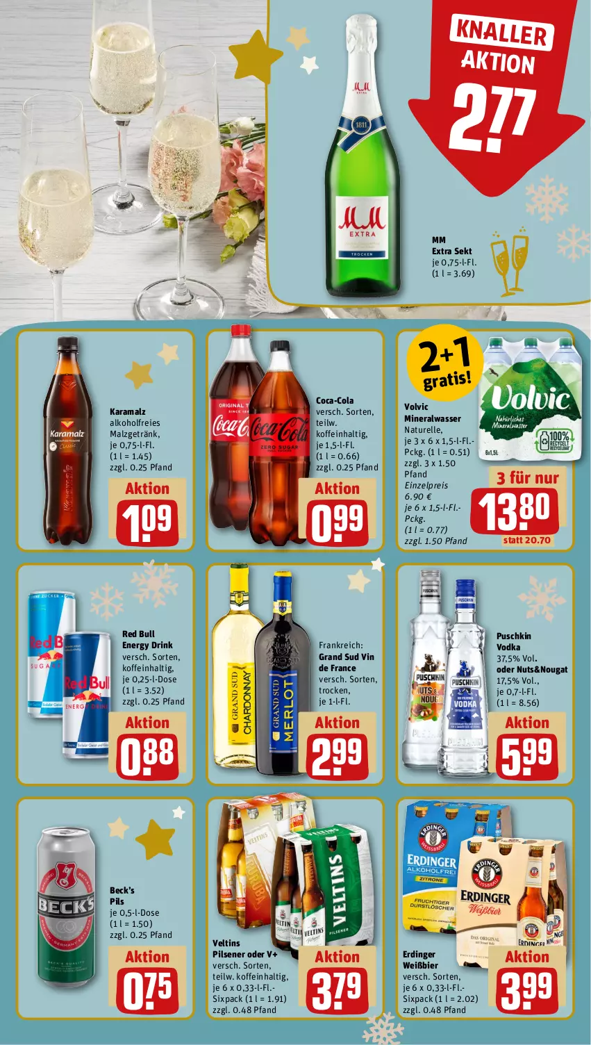 Aktueller Prospekt Rewe - Prospekte - von 04.12 bis 09.12.2023 - strona 13 - produkty: alkohol, Alwa, bier, coca-cola, cola, drink, eis, elle, energy drink, erdinger, getränk, grand sud, karamalz, malz, mineralwasser, mm extra, natur, pils, pilsener, puschkin vodka, rama, red bull, reis, rel, sekt, Ti, veltins, veltins pilsener, vin de france, vodka, volvic, wasser