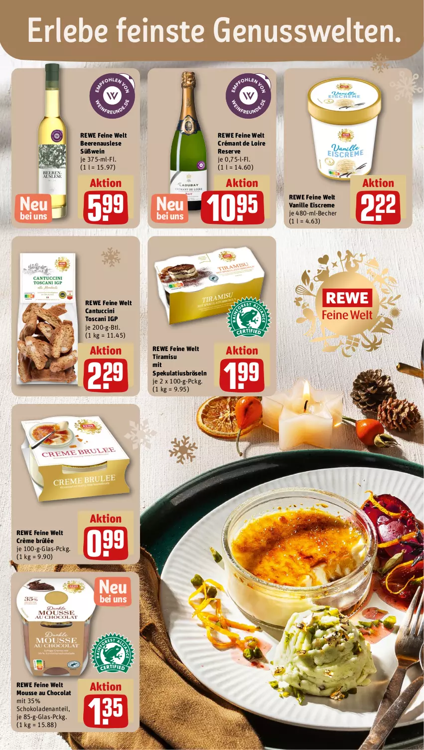 Aktueller Prospekt Rewe - Prospekte - von 04.12 bis 09.12.2023 - strona 15 - produkty: Becher, beere, beeren, cantuccini, cin, cola, crémant de loire, creme, Crème Brûlée, eis, eiscreme, mousse, Mousse au Chocolat, nuss, rewe feine welt, schoko, schokolade, schokoladen, Ti, tiramisu, tuc, usb, vanille, wein