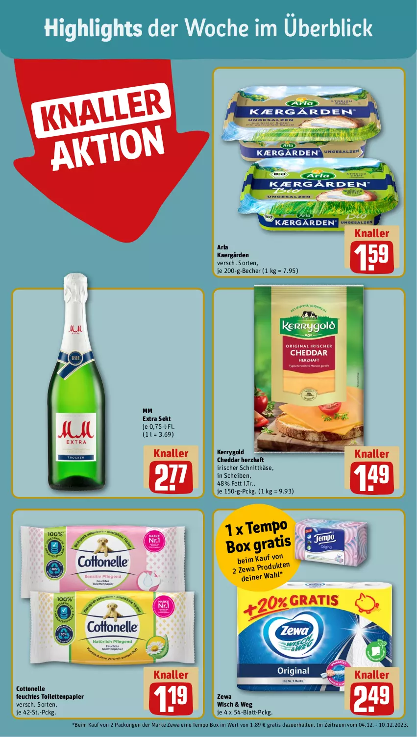 Aktueller Prospekt Rewe - Prospekte - von 04.12 bis 09.12.2023 - strona 2 - produkty: arla, Becher, cheddar, cottonelle, elle, feuchtes toilettenpapier, Käse, kerrygold, mm extra, papier, schnittkäse, sekt, Tempo, Ti, toilettenpapier, zewa