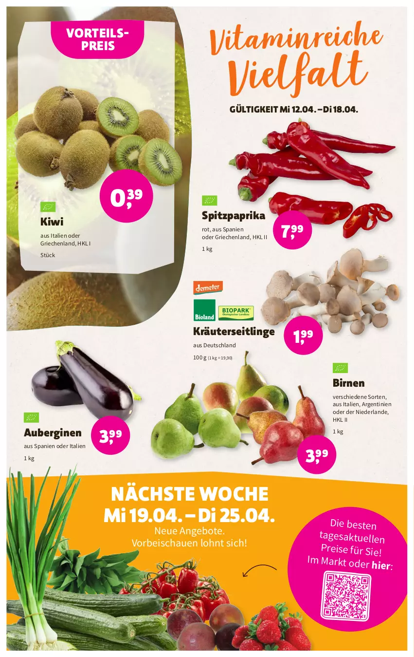 Aktueller Prospekt Denns Biomarkt - Prospekte - von 12.04 bis 25.04.2023 - strona 2 - produkty: angebot, angebote, aubergine, auberginen, Birnen, eis, elle, gin, kiwi, kräuter, Kräuterseitlinge, paprika, paprika rot, reis, Spitzpaprika, Ti, vita, vorteilspreis