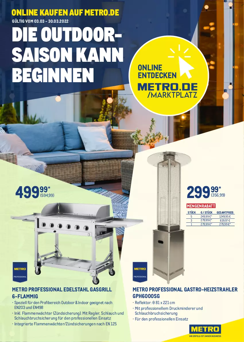 Aktueller Prospekt Metro - ONLINE-MARKTPLATZ - von 03.03 bis 30.03.2022 - strona 1 - produkty: decke, edelstahl, eis, elle, gasgrill, gin, grill, lamm, Metro, reis, schlauch, Spezi, Ti