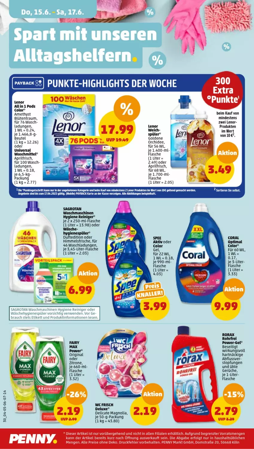 Aktueller Prospekt Penny - Prospekte - von 12.06 bis 17.06.2023 - strona 30 - produkty: angebot, angebote, beutel, Blüte, eis, erde, fairy, flasche, gin, hygienespüler, lenor, mac, orchidee, payback, Pods, power-gel, pril, Rauch, reiniger, rorax, rwe, sagrotan, spee, Ti, Tiere, topf, waschmaschine, waschmaschinen, waschmittel, wc frisch, zitrone