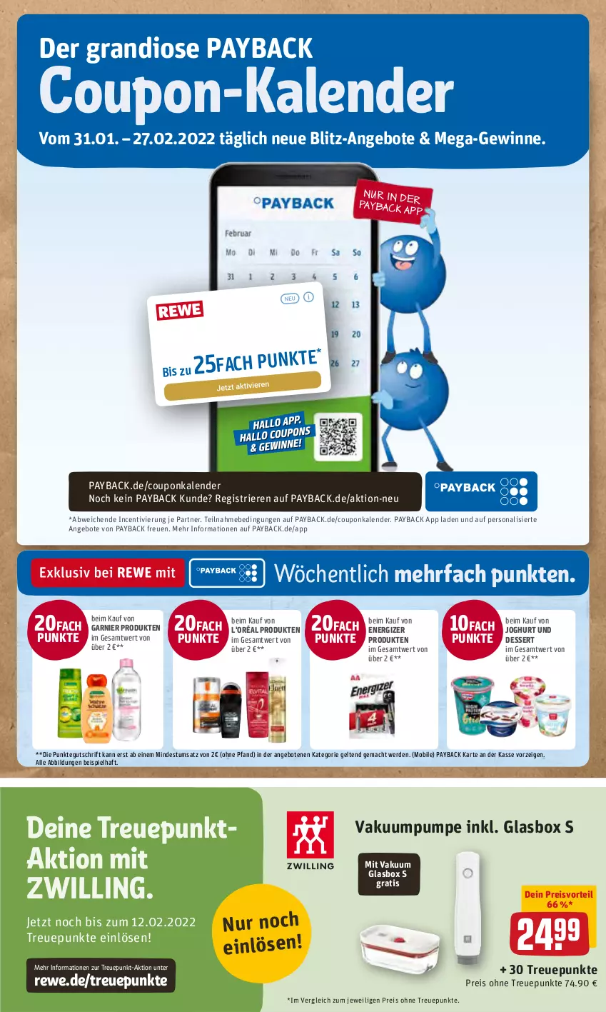 Aktueller Prospekt Rewe - Prospekte - von 31.01 bis 06.02.2022 - strona 15 - produkty: angebot, angebote, coupon, dessert, eis, energizer, erde, garnier, joghur, joghurt, mac, payback, Persona, preisvorteil, reis, Ti