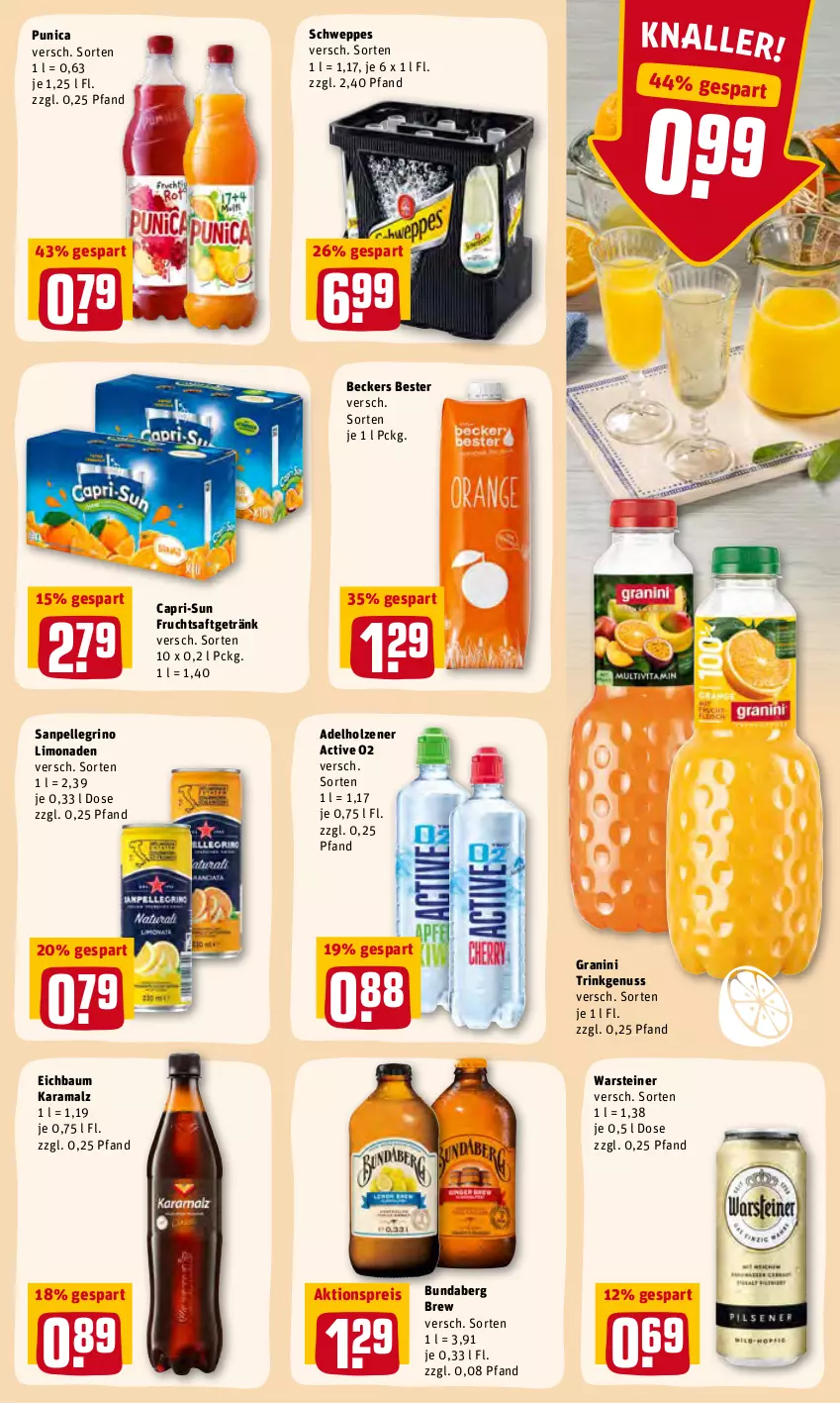 Aktueller Prospekt Rewe - Prospekte - von 31.01 bis 06.02.2022 - strona 21 - produkty: adelholzener, aktionspreis, Bau, Beckers Bester, Bundaberg, Cap, capri-sun, eis, elle, frucht, fruchtsaft, fruchtsaftgetränk, getränk, granini, Holz, karamalz, limo, limonade, limonaden, malz, nuss, punica, rama, reis, saft, sanpellegrino, schweppes, steiner, Ti, warsteiner