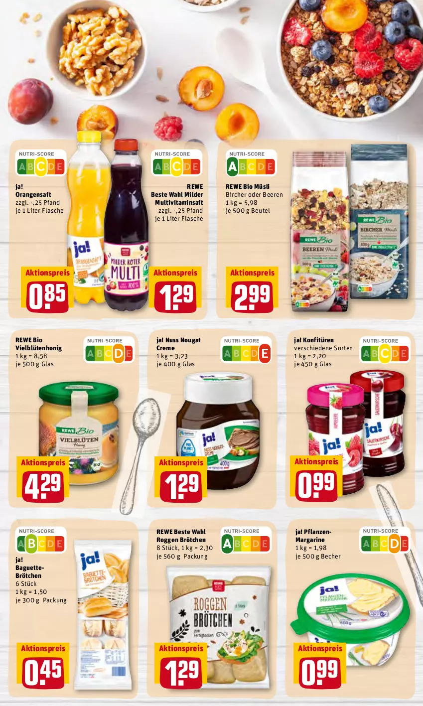 Aktueller Prospekt Rewe - Prospekte - von 31.01 bis 06.02.2022 - strona 25 - produkty: aktionspreis, baguette, Becher, beere, beeren, beutel, bio, Blüte, blütenhonig, brötchen, creme, eis, flasche, honig, konfitüre, konfitüren, margarine, Multivitaminsaft, müsli, nougat creme, nuss, orange, orangen, orangensaft, pflanze, pflanzen, reis, rewe beste wahl, rewe bio, saft, Ti, vita