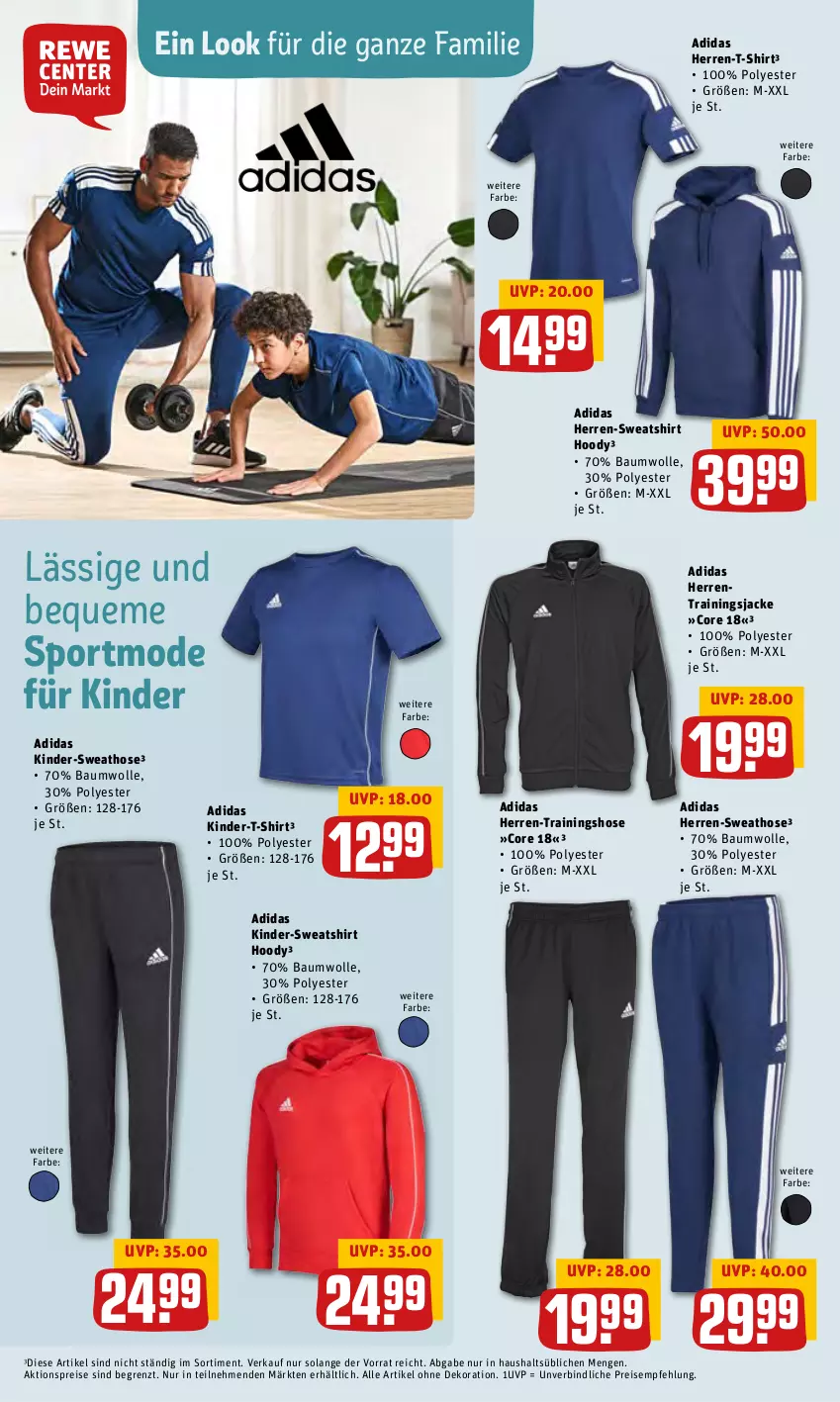 Aktueller Prospekt Rewe - Prospekte - von 31.01 bis 06.02.2022 - strona 28 - produkty: Adidas, aktionspreis, alle artikel ohne dekoration, Bau, baumwolle, dekoration, eis, herren-t-shirt, hose, Jacke, Kinder, Kinder-T-Shirt, Mode, reis, shirt, Sport, Sweathose, Sweatshirt, T-Shirt, Ti, Trainingshose, wolle