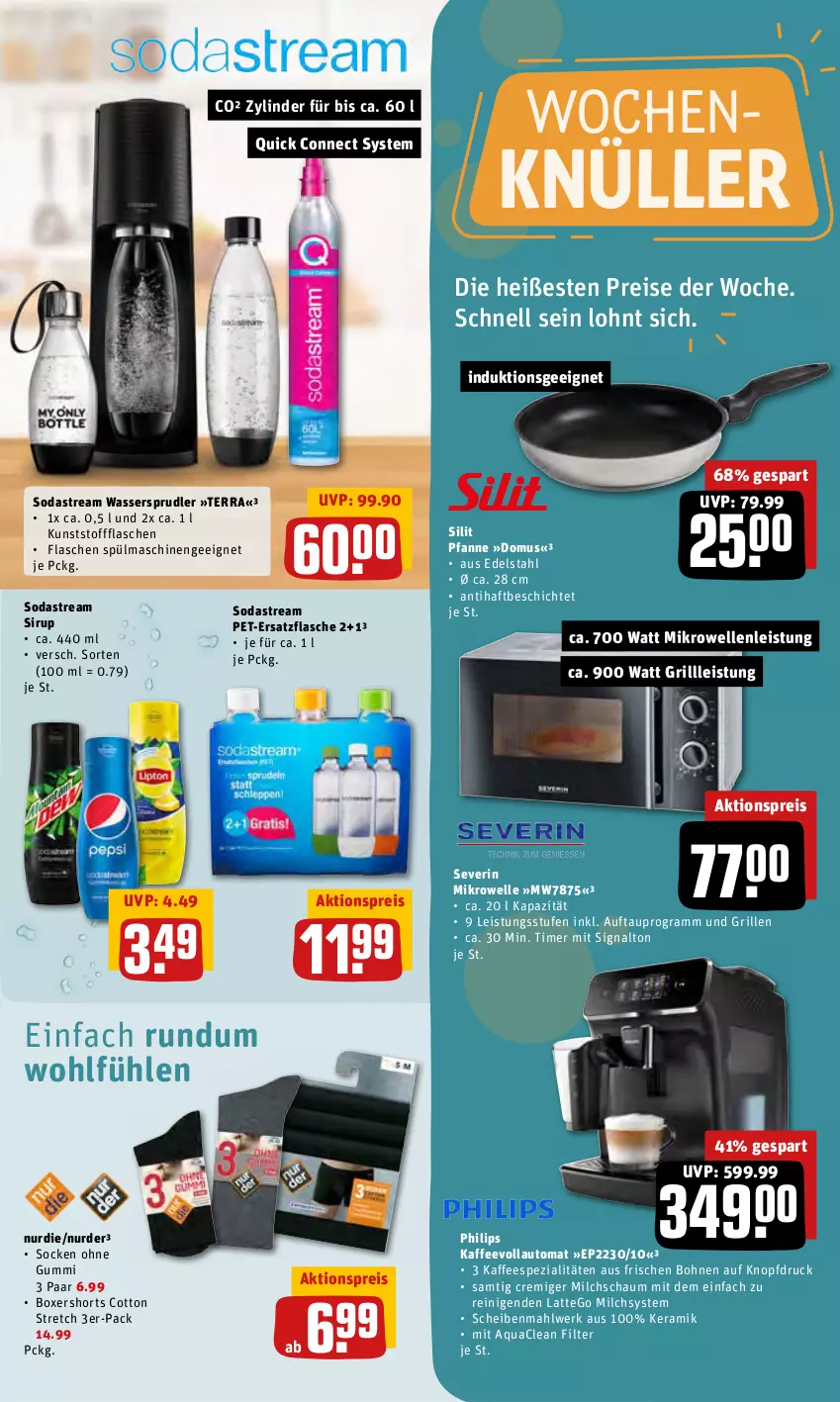 Aktueller Prospekt Rewe - Prospekte - von 31.01 bis 06.02.2022 - strona 31 - produkty: aktionspreis, aqua, auto, bohne, bohnen, edelstahl, eis, elle, flasche, grill, kaffee, kaffeespezialitäten, kaffeevollautomat, latte, mikrowelle, milch, pfanne, Philips, reis, severin, shorts, Signal, sirup, socken, Soda, sodastream, Spezi, spülmaschinen, Ti, timer, wasser, wassersprudler