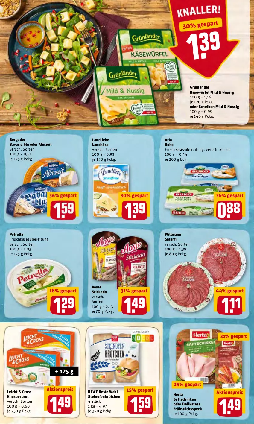 Aktueller Prospekt Rewe - Prospekte - von 31.01 bis 06.02.2022 - strona 8 - produkty: aktionspreis, aoste stickado, arla, arla buko, bavaria blu, bergader, brot, brötchen, Buko, eis, frischkäse, frischkäsezubereitung, Frühstücksspeck, grünländer, herta, Käse, landkäse, landliebe, ndk, nuss, Ofen, petrella, reis, rel, rewe beste wahl, Ria, saft, saftschinken, salami, schinken, Speck, steinofen, stickado, Ti, wiltmann, würfel