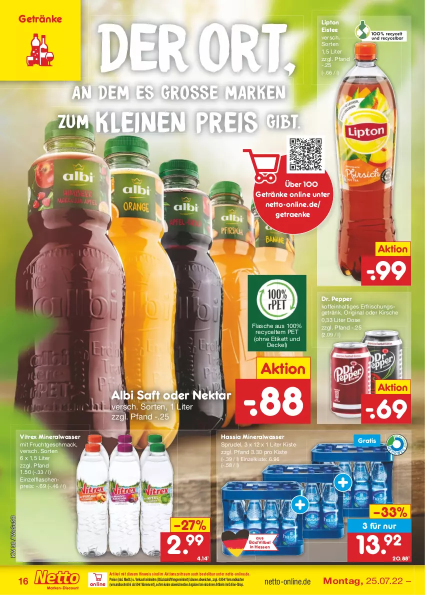 Aktueller Prospekt Netto Marken-Discount - Filial-Angebote - von 25.07 bis 30.07.2022 - strona 16 - produkty: Alwa, Bad, decke, Deckel, eis, eistee, erfrischungsgetränk, flasche, frucht, getränk, getränke, gin, kirsch, kirsche, leine, lipton, mac, mineralwasser, mit frucht, ndk, Nektar, reis, saft, Sprudel, tee, Ti, usb, versandkostenfrei, vitrex, wasser