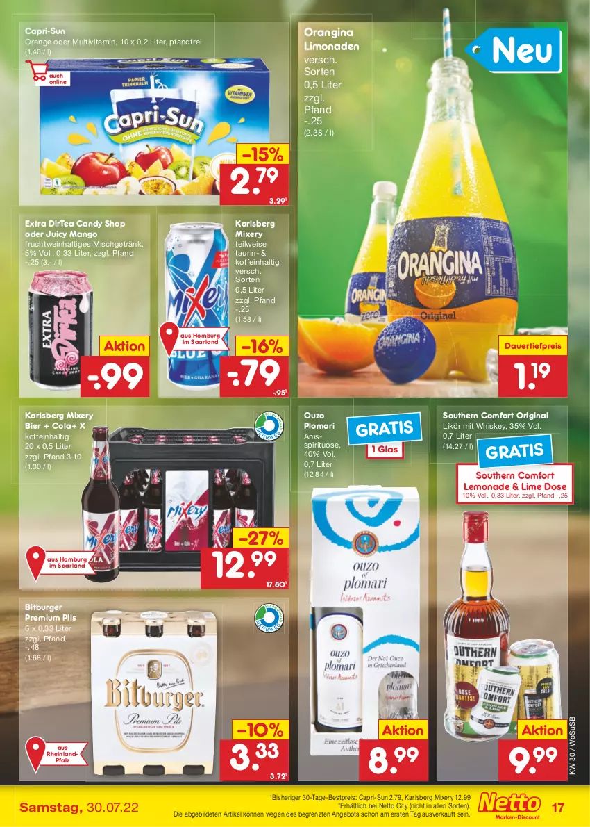 Aktueller Prospekt Netto Marken-Discount - Filial-Angebote - von 25.07 bis 30.07.2022 - strona 17 - produkty: angebot, arla, auer, bestpreis, bier, bitburger, burger, Cap, capri-sun, cola, dauertiefpreis, eis, frucht, getränk, gin, karlsberg, karlsberg mixery, lemonade, likör, limo, limonade, limonaden, mango, Mixer, mixery, orange, orangina, ouzo, pils, premium pils, reis, Southern Comfort, Ti, tiefpreis, usb, vita, wein, whiskey, ZTE