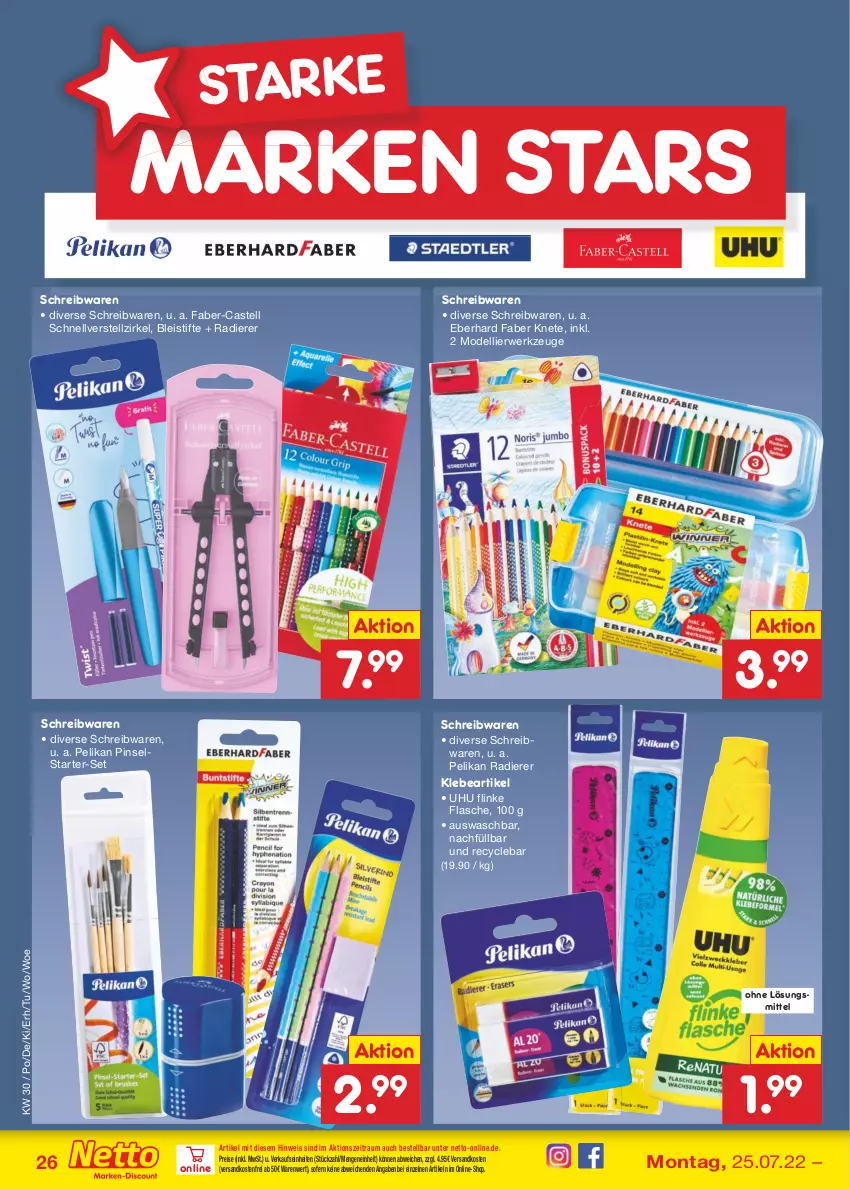 Aktueller Prospekt Netto Marken-Discount - Filial-Angebote - von 25.07 bis 30.07.2022 - strona 26 - produkty: Bleistift, bleistifte, dell, eberhard faber, eis, flasche, Flinke Flasche, Mode, ndk, pelikan, Pinsel, reis, rwe, schreibwaren, stifte, Ti, uhu, versandkostenfrei, werkzeug, werkzeuge