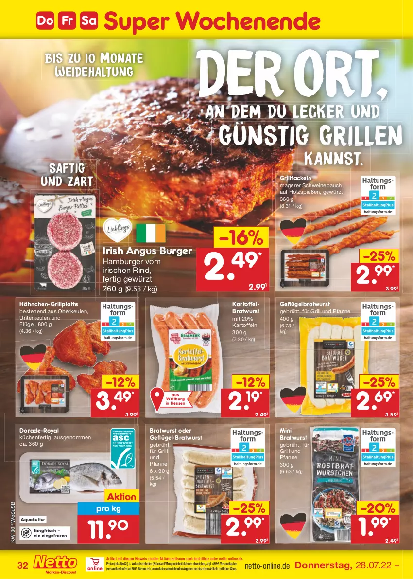 Aktueller Prospekt Netto Marken-Discount - Filial-Angebote - von 25.07 bis 30.07.2022 - strona 32 - produkty: aqua, Bau, bratwurst, burger, Dorade, eis, für grill und pfanne, Geflügel, gewürz, grill, grill und pfanne, grillfackeln, grillplatte, hamburger, Holz, kartoffel, kartoffeln, küche, Küchen, latte, ndk, pfanne, reis, rind, saft, schwein, schweine, Schweinebauch, Ti, und pfanne, usb, versandkostenfrei, wein, weine, wurst