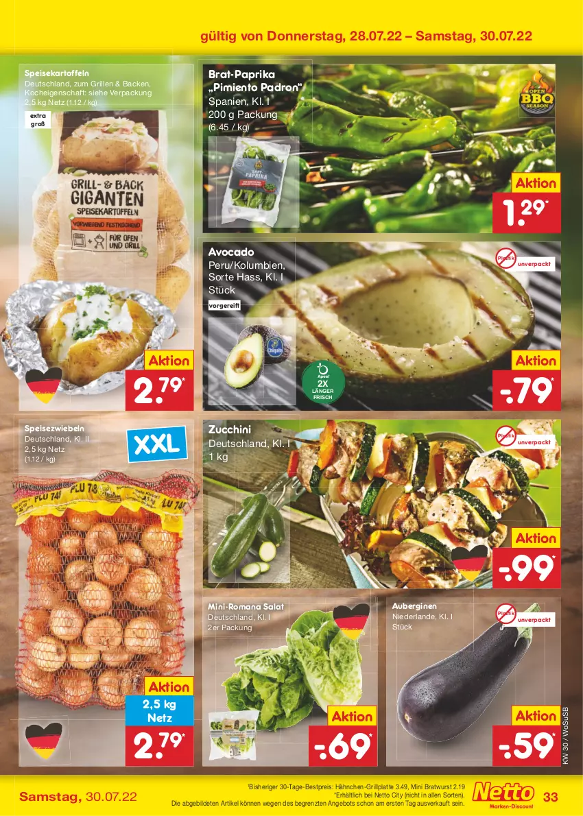 Aktueller Prospekt Netto Marken-Discount - Filial-Angebote - von 25.07 bis 30.07.2022 - strona 33 - produkty: angebot, asti, aubergine, auberginen, avocado, bestpreis, Brat-Paprika, bratwurst, eis, gin, grill, grillplatte, kartoffel, kartoffeln, latte, paprika, reis, salat, speisekartoffeln, Speisezwiebeln, Ti, usb, wurst, ZTE, zucchini, zwiebel, zwiebeln