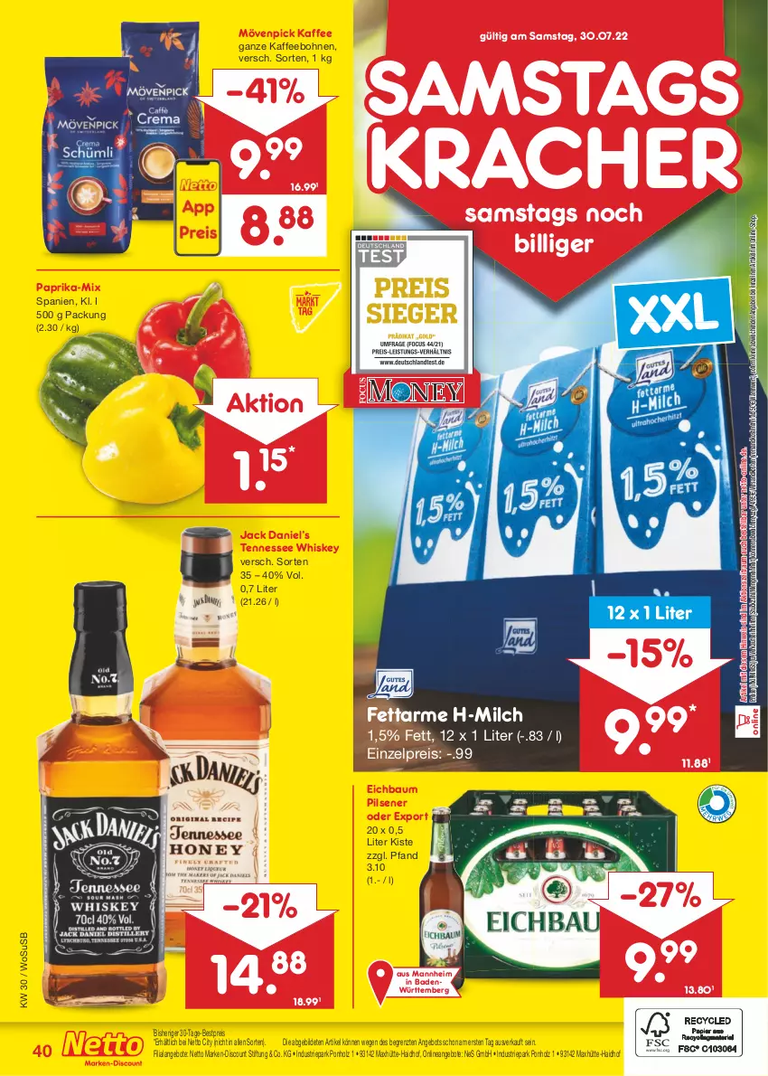 Aktueller Prospekt Netto Marken-Discount - Filial-Angebote - von 25.07 bis 30.07.2022 - strona 40 - produkty: angebot, angebote, Bad, Bau, bestpreis, bohne, bohnen, discount, eis, Holz, jack daniel, Jack Daniel’s, kaffee, kaffeebohnen, kracher, marken-discount, milch, mövenpick, mövenpick kaffee, ndk, paprika, pils, pilsener, reis, tennessee whiskey, Ti, usb, versandkostenfrei, whiskey, ZTE