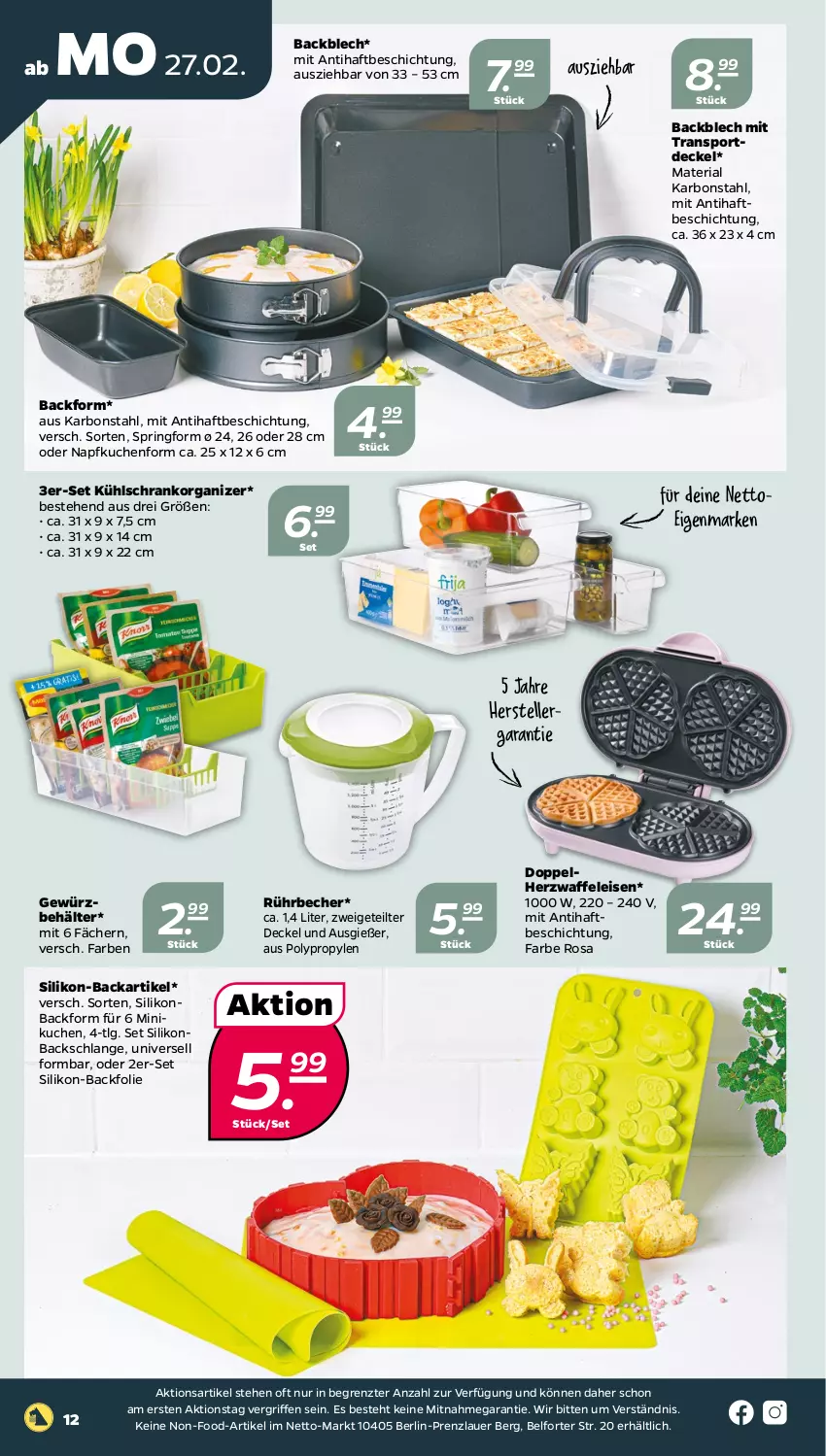 Aktueller Prospekt Netto - Woche 9 - von 27.02 bis 04.03.2023 - strona 12 - produkty: auer, Backfolie, Backform, Becher, Behälter, decke, Deckel, doppelherz, eis, elle, gewürz, kuchen, kühlschrank, LG, Ria, ring, Schrank, Sport, Springform, teller, Ti, Waffeleisen, ZTE