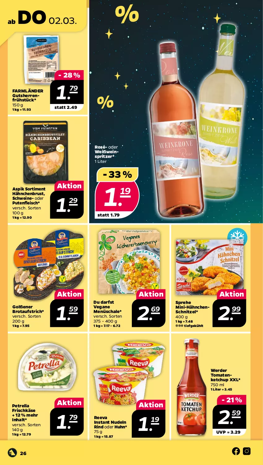 Aktueller Prospekt Netto - Woche 9 - von 27.02 bis 04.03.2023 - strona 26 - produkty: aufstrich, brot, brotaufstrich, eis, erde, fleisch, frischkäse, hähnchenbrust, Hähnchenschnitzel, Käse, ketchup, nudel, nudeln, petrella, pute, Putenfleisch, rel, rind, Schal, Schale, schnitzel, schwein, schweine, Ti, tomate, tomaten, tomatenketchup, wein, weine, Weißwein