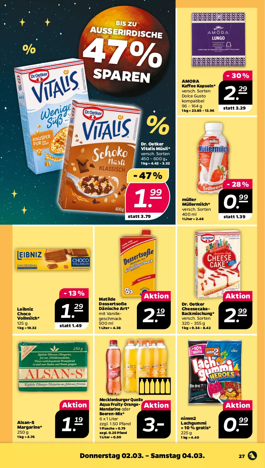 Aktueller Prospekt Netto - Woche 9 - von 27.02 bis 04.03.2023 - strona 27 - produkty: aqua, backmischung, beere, beeren, burger, cheesecake, dessert, desserts, dolce gusto, Dr. Oetker, elle, flasche, kaffee, lachgummi, leibniz, mac, mandarine, margarine, milch, Müller, müllermilch, müsli, nimm2, orange, Soße, Ti, vanille, vita, vitalis, vitalis müsli, vollmilch