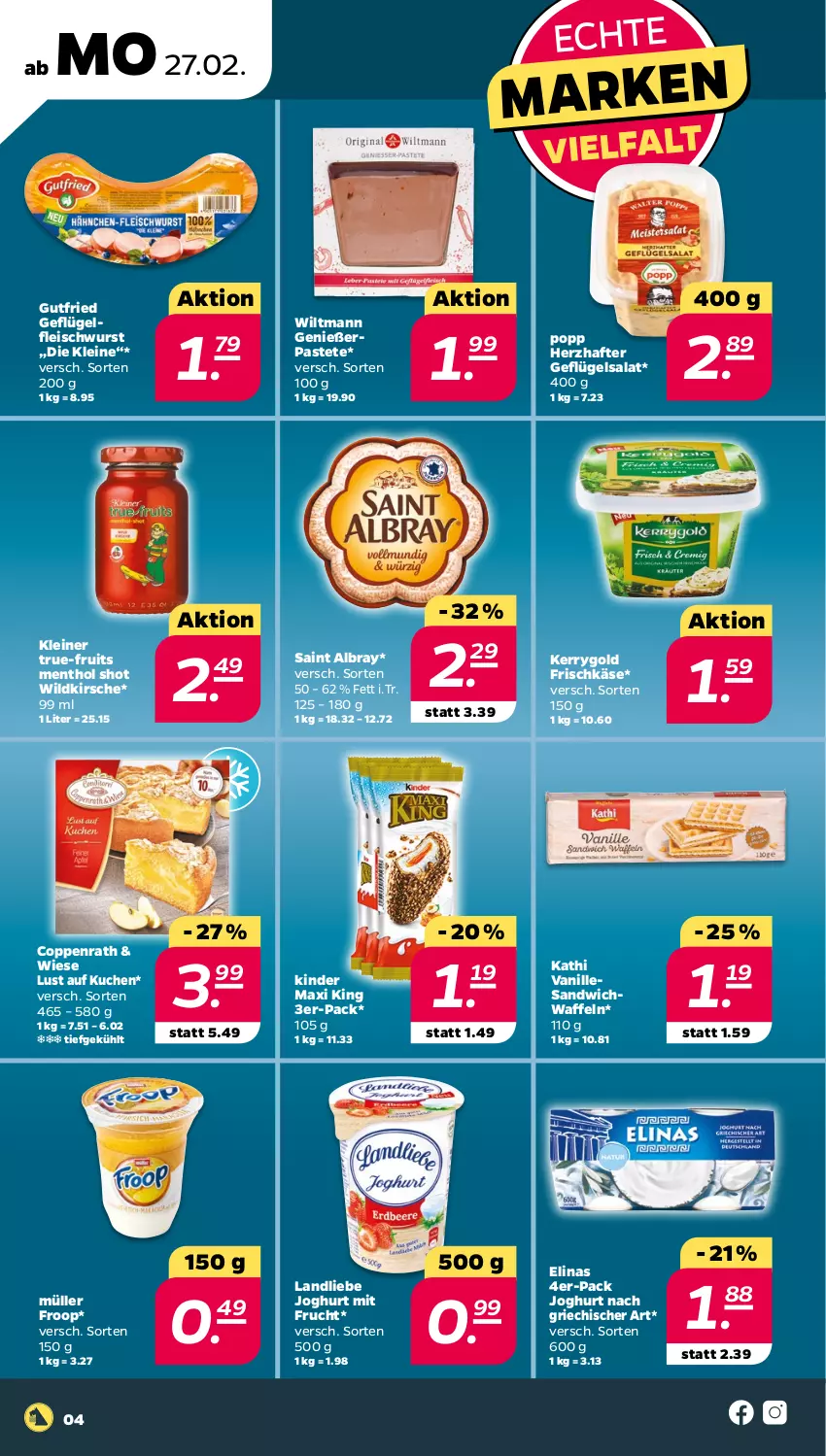 Aktueller Prospekt Netto - Woche 9 - von 27.02 bis 04.03.2023 - strona 4 - produkty: albray, coppenrath, eis, elinas, fleisch, fleischwurst, frischkäse, froop, frucht, Geflügel, geflügelsalat, gutfried, joghur, joghurt, joghurt nach, Käse, kerrygold, Kinder, Kinder Maxi, kinder maxi king, kirsch, kirsche, kuchen, landliebe, landliebe joghurt, leine, Lust auf Kuchen, mit frucht, Müller, müller froop, pastete, Popp, saint albray, salat, sandwich, Ti, vanille, waffeln, Wild, wiltmann, wurst