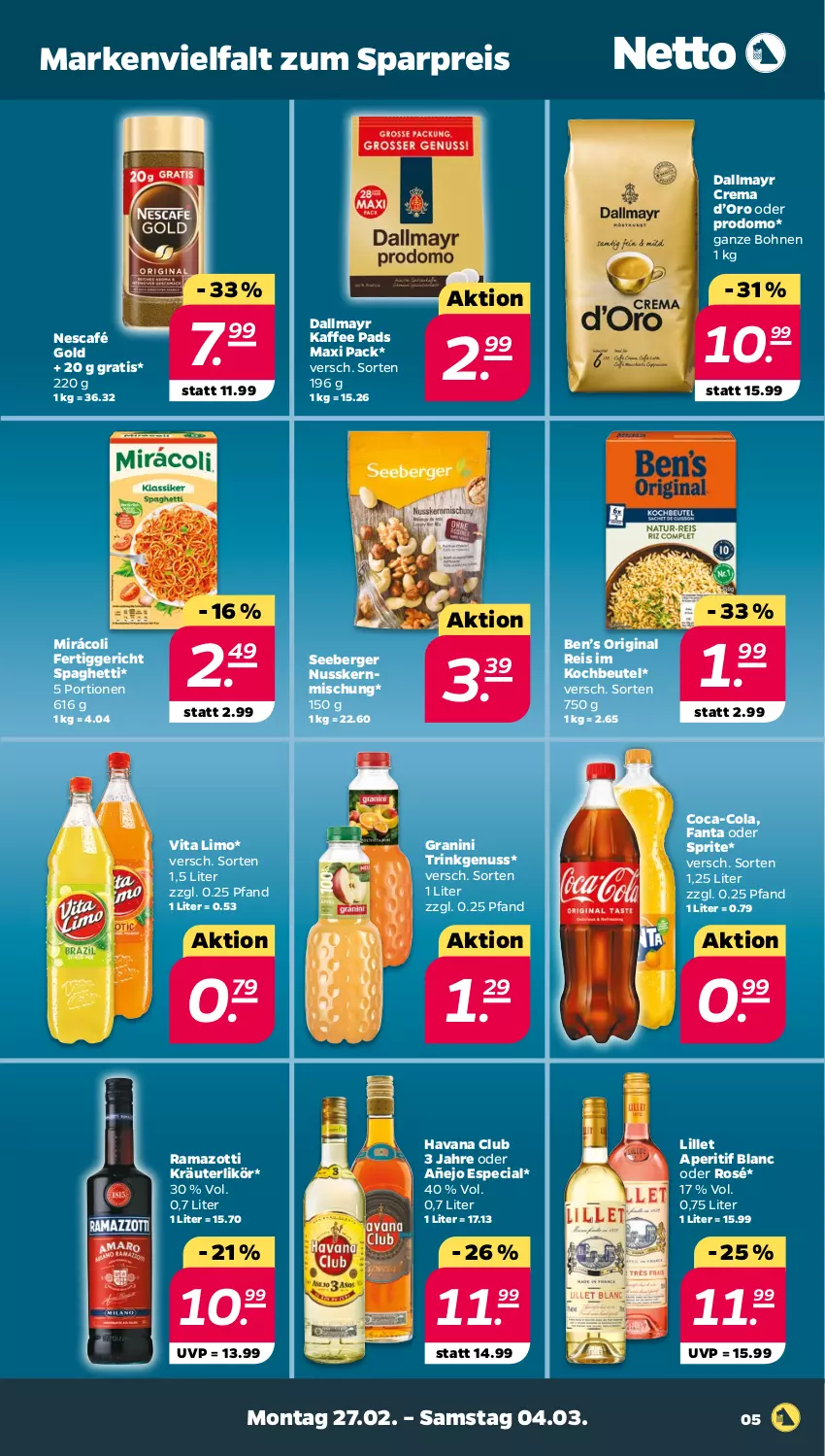 Aktueller Prospekt Netto - Woche 9 - von 27.02 bis 04.03.2023 - strona 5 - produkty: aperitif, Ben’s Original, Berger, beutel, bohne, bohnen, coca-cola, cola, dallmayr, eis, fanta, fanta oder, fanta oder sprite, fertiggericht, gin, granini, Havana Club, kaffee, kochbeutel, kräuter, kräuterlikör, likör, lillet, limo, Mirácoli, Nescafé, nescafé gold, nuss, oder sprite, prodomo, rama, reis, seeberger, spaghetti, sprite, Ti, vita, zott