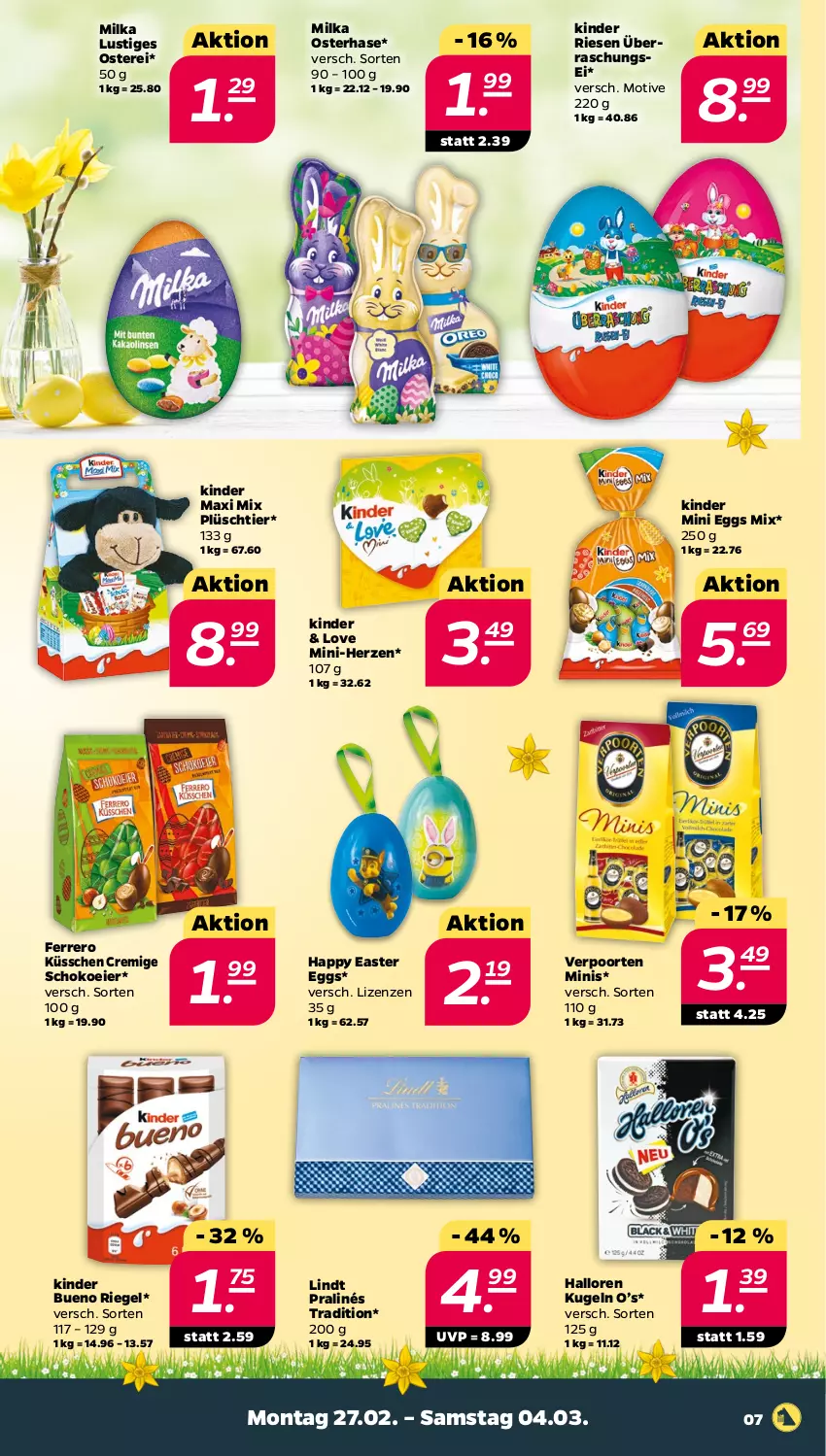 Aktueller Prospekt Netto - Woche 9 - von 27.02 bis 04.03.2023 - strona 7 - produkty: eier, ferrero, Ferrero Küsschen, Kinder, kinder bueno, Kinder Maxi, Kugel, lindt, Lusti, milka, Plüsch, riegel, schoko, Ti, verpoorten