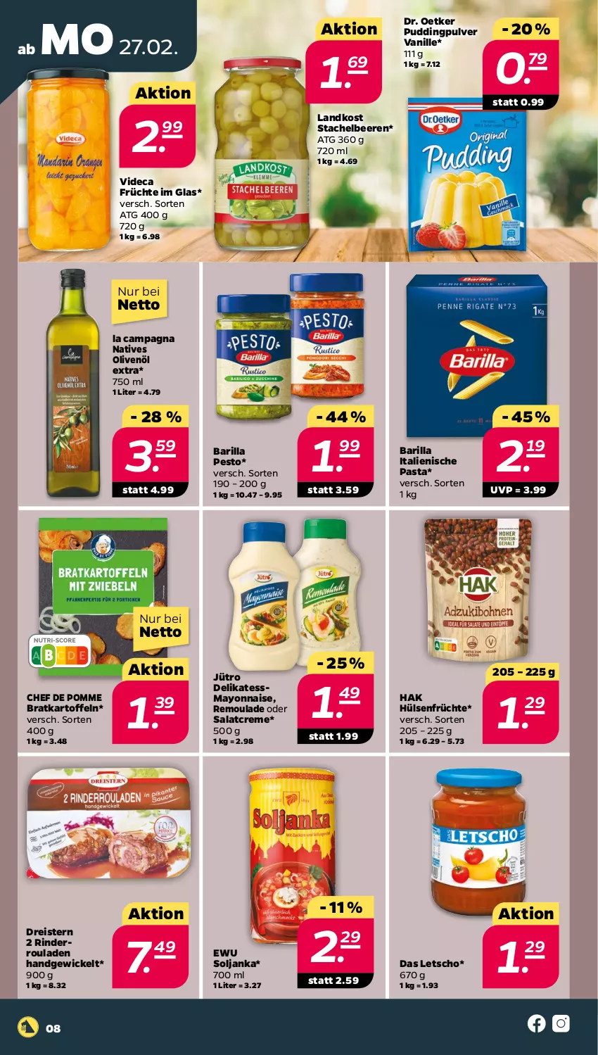 Aktueller Prospekt Netto - Woche 9 - von 27.02 bis 04.03.2023 - strona 8 - produkty: barilla, beere, beeren, creme, Dr. Oetker, dreistern, eis, früchte, hülsenfrüchte, italienische pasta, kartoffel, kartoffeln, Letscho, mayonnaise, natives olivenöl, ndk, olive, oliven, olivenöl, olivenöl extra, pasta, pesto, pudding, reis, remoulade, rind, rinder, Rinderroulade, rinderrouladen, rouladen, salat, salatcreme, senf, Stachelbeeren, Ti, vanille, WICK, Yo