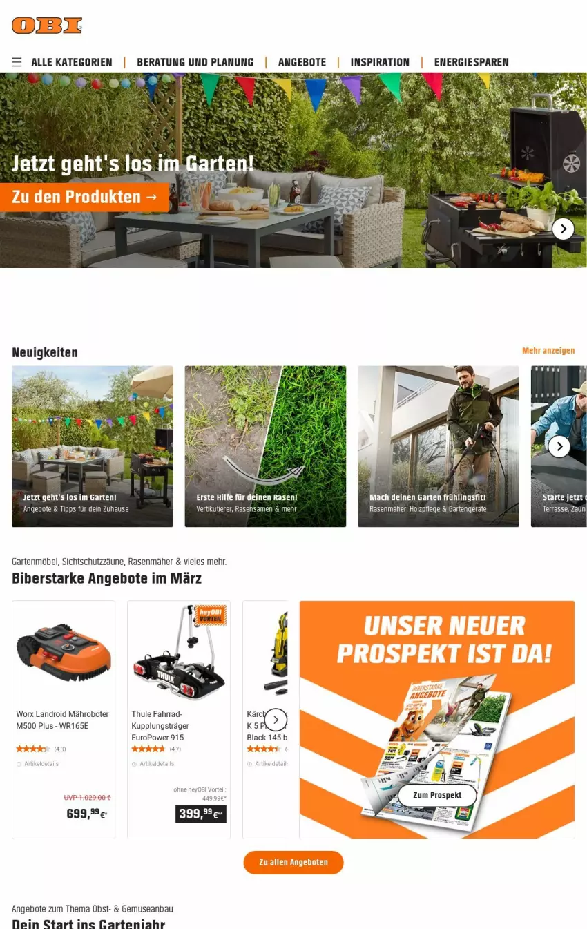 Aktueller Prospekt Obi - Prospekte - von 12.03 bis 20.03.2024 - strona 1 - produkty: angebot, angebote, Bau, Fahrrad, Garten, gartenmöbel, Holz, lack, mac, mähroboter, möbel, rasen, rasenmäher, Thule, Ti, Yo