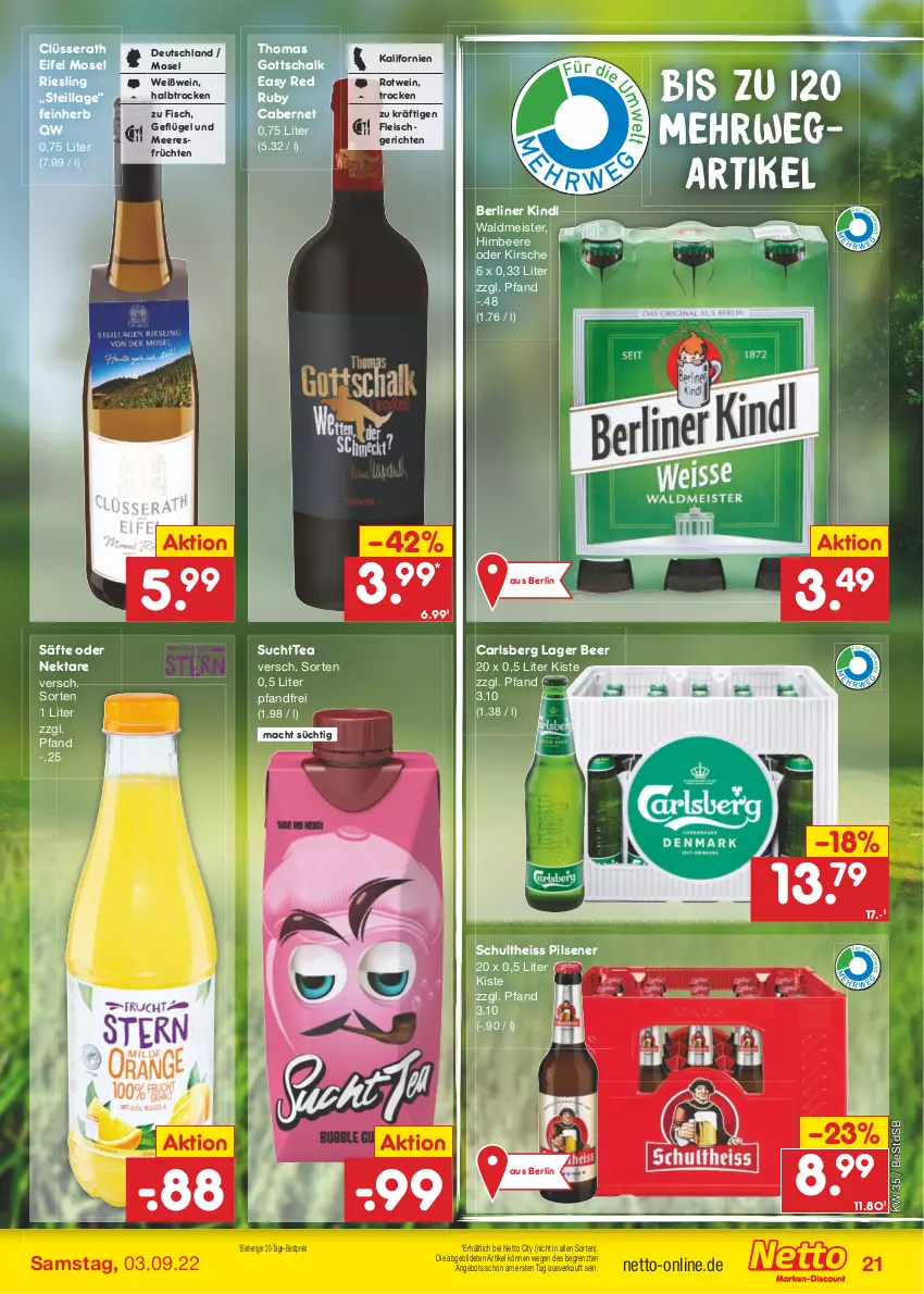 Aktueller Prospekt Netto Marken-Discount - Filial-Angebote - von 29.08 bis 03.09.2022 - strona 21 - produkty: angebot, beere, berliner, berliner kindl, bestpreis, cabernet, carlsberg, eis, fisch, fleisch, früchte, früchten, Geflügel, himbeer, himbeere, kirsch, kirsche, mac, meeresfrüchte, Meister, Nektar, pils, pilsener, reis, riesling, rotwein, rwe, säfte, Schal, Schultheiss, Ti, waldmeister, wein, Weißwein, ZTE