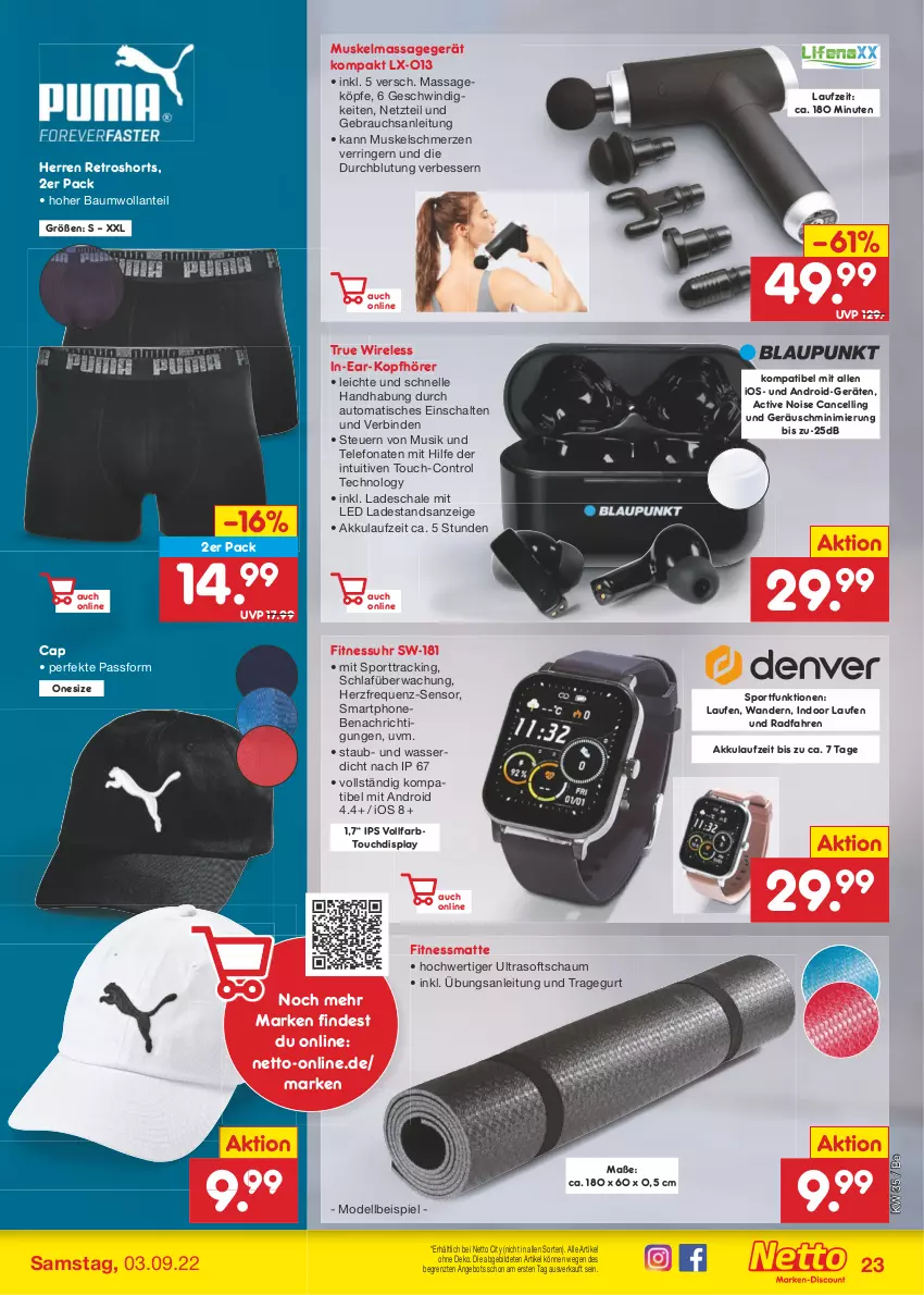 Aktueller Prospekt Netto Marken-Discount - Filial-Angebote - von 29.08 bis 03.09.2022 - strona 23 - produkty: akku, angebot, auto, Bau, binden, Cap, dell, eis, elle, in-ear-kopfhörer, kopfhörer, Laufen, Massagegerät, Mode, Rauch, rel, retroshorts, ring, Schal, Schale, shorts, smartphone, Sport, telefon, Ti, tisch, uhr, wasser, ZTE