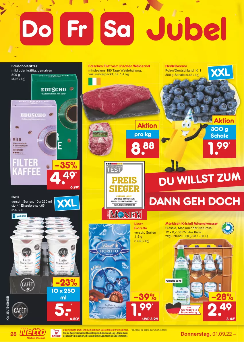 Aktueller Prospekt Netto Marken-Discount - Filial-Angebote - von 29.08 bis 03.09.2022 - strona 28 - produkty: Alwa, beere, beeren, bestpreis, eduscho, eis, elle, Falsches Filet, filet, flasche, glasflasche, heidelbeere, heidelbeeren, kaffee, lindt, mineralwasser, Mineralwasser Classic, natur, ndk, reis, rel, rind, Schal, Schale, Ti, versandkostenfrei, wasser