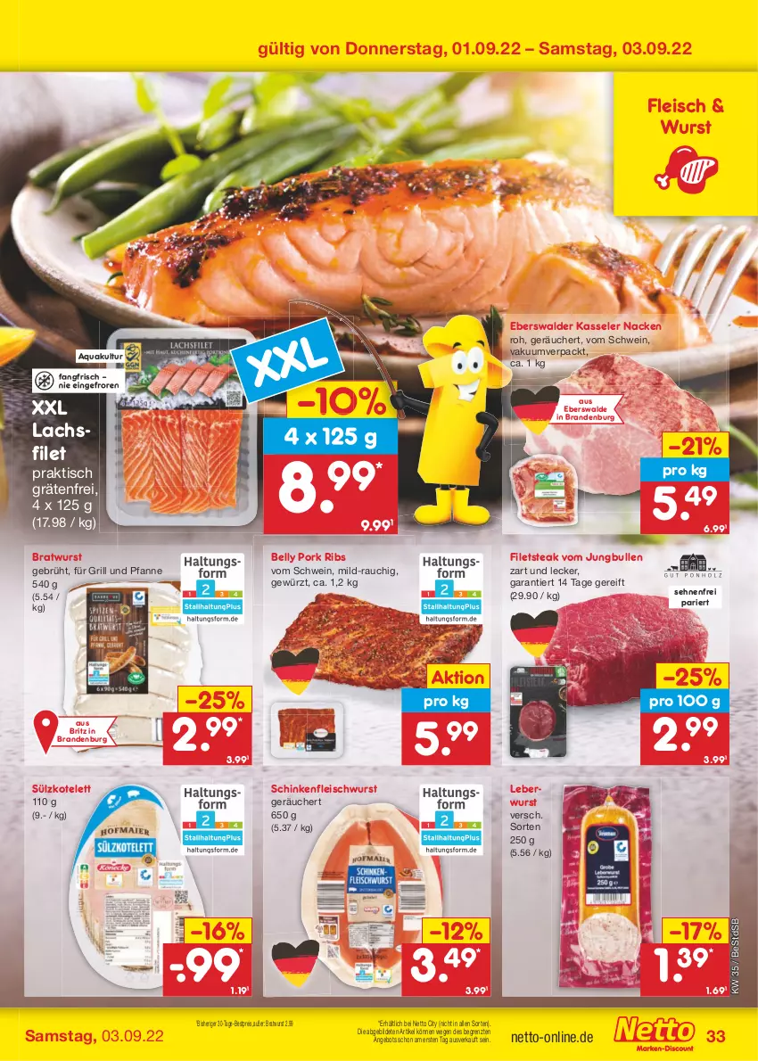 Aktueller Prospekt Netto Marken-Discount - Filial-Angebote - von 29.08 bis 03.09.2022 - strona 33 - produkty: angebot, aqua, bestpreis, bratwurst, eis, filet, filets, fleisch, fleischwurst, für grill und pfanne, gewürz, grill, grill und pfanne, jungbullen, kasseler, kotelett, lachs, lachsfilet, leberwurst, pfanne, Rauch, reis, schinken, schinkenfleischwurst, schwein, steak, Ti, tisch, und pfanne, wein, wurst, ZTE