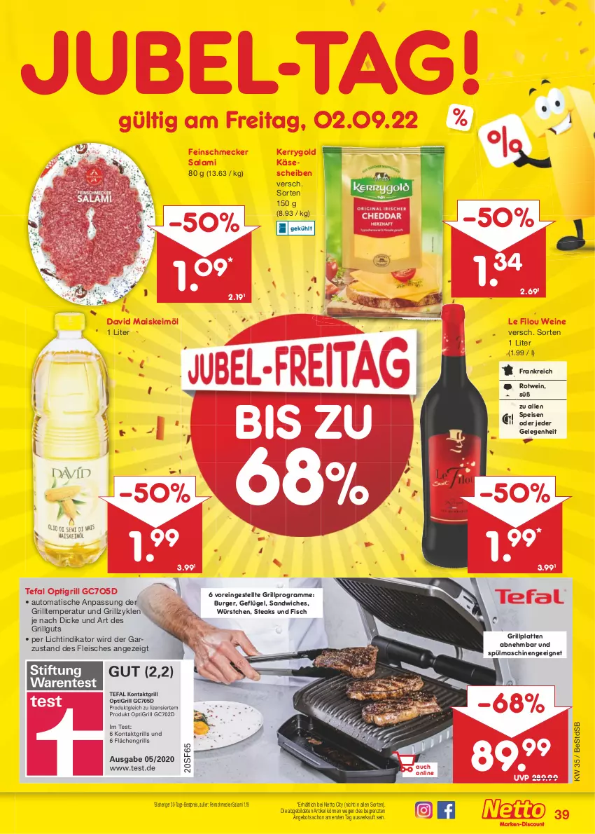 Aktueller Prospekt Netto Marken-Discount - Filial-Angebote - von 29.08 bis 03.09.2022 - strona 39 - produkty: angebot, auto, bestpreis, burger, eis, feinschmecker, fisch, fleisch, Geflügel, grill, grillplatte, Käse, käsescheiben, keimöl, kerrygold, latte, LG, mais, reis, rotwein, salami, sandwich, spülmaschinen, steak, steaks, tefal, Ti, tisch, wein, weine, würstchen, ZTE