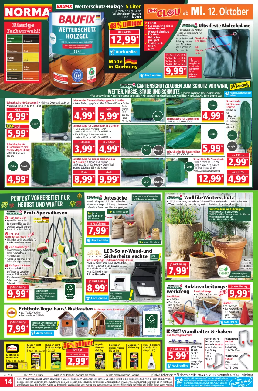 Aktueller Prospekt Norma - Norma - von 10.10 bis 17.10.2022 - strona 14 - produkty: Abba, abdeckplane, auer, Bank, Bau, bio, braun, Brennholz, decke, edelstahl, eis, elle, Garten, gartenbank, gartenliege, gin, grill, gsw, Heu, Holz, holzschutz, kleber, korb, kraft, lebensmittel, leds, leine, Leuchte, Liege, natur, ndk, nuss, obst, pflanze, pflanzen, rasen, rasenmäher, reifen, reis, Ria, rwe, schirme, schutzhülle, sessel, sonnenschirm, Spezi, Sport, strandkorb, Stühl, Teleskop, teleskopstiel, Ti, Tiere, tisch, usb, wasser, werkzeug, Winterschutz