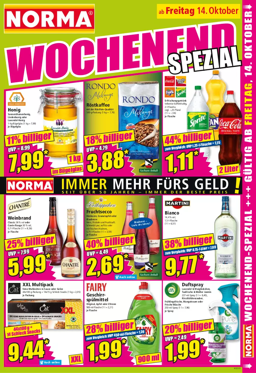 Aktueller Prospekt Norma - Norma - von 10.10 bis 17.10.2022 - strona 15 - produkty: apfel, beere, Blaubeer, blaubeere, blume, blumen, Blüte, bügel, cuvée, Duftspray, ecco, eis, erfrischungsgetränk, flasche, frucht, früchte, früchten, fruchtsaft, fruchtsecco, gelee, geschirr, geschirrspülmittel, getränk, gin, grana, granatapfel, himbeer, himbeere, honig, kaffee, kirsch, lavendel, LG, mango, Rana, röstkaffee, rouge, saft, sauce, snack, snacks, sonnenblume, sonnenblumen, Spezi, spülmittel, Ti, wein, weinbrand, zitrone