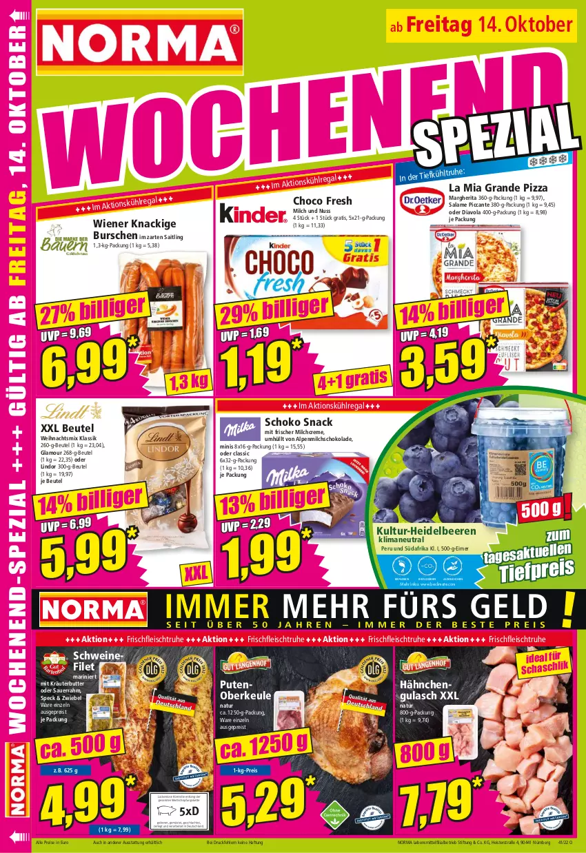 Aktueller Prospekt Norma - Norma - von 10.10 bis 17.10.2022 - strona 16 - produkty: alpenmilch, auer, beere, beeren, beutel, butter, choco fresh, creme, eimer, eis, filet, fleisch, gulasch, heidelbeere, heidelbeeren, im zarten saitling, kräuter, kräuterbutter, kühlregal, lebensmittel, lindor, margherita, milch, natur, nuss, pizza, pute, Putenoberkeule, regal, reis, Sauerrahm, schoko, schokolade, schwein, schweine, schweinefilet, snack, Speck, Spezi, Ti, tiefpreis, wein, weine, wiener, zwiebel