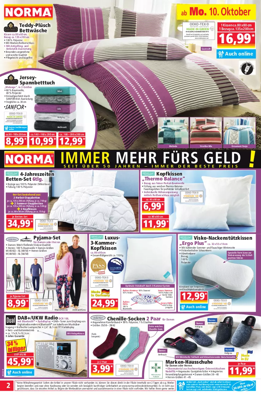 Aktueller Prospekt Norma - Norma - von 10.10 bis 17.10.2022 - strona 2 - produkty: asti, batterie, Bau, baumwolle, Bebe, bett, Betten, Betttuch, bettwäsche, bügel, eis, Elan, elle, gin, Hausschuhe, Holz, kissen, kopfkissen, kraft, lautsprecher, LG, mab, mikrofaser, mint, nackenstützkissen, ndk, Plüsch, Pyjama, Radio, reifen, reis, Ria, schuhe, socken, spannbetttuch, Spezi, Spiele, steppbett, tft-farbdisplay, Ti, Tipi, tisch, tuc, tuner, wolle